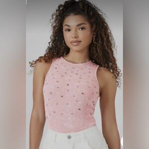 Barbiecore faded pink acid wash edgy rhinestone bling coquette bodysuit NWT M